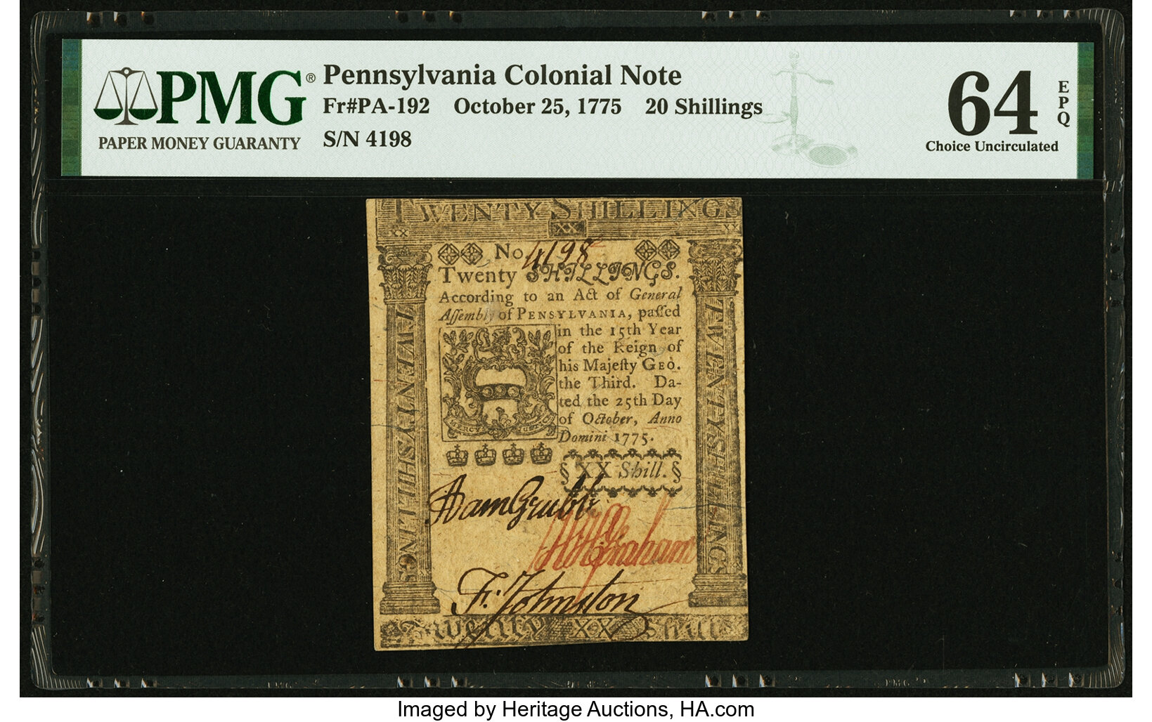 image for: Pennsylvania October 25, 1775 20 Shillings Fr. PA-192 PMG Choice Uncirculated 64 EPQ....