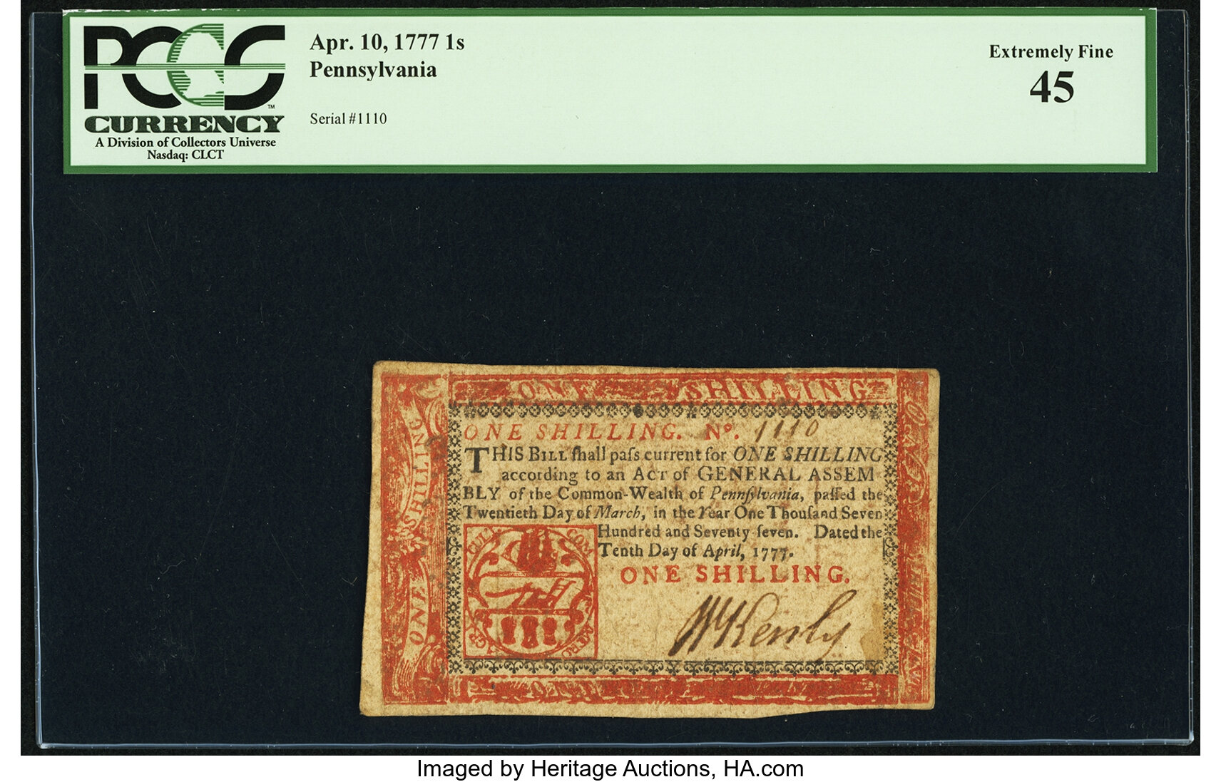 image for: Pennsylvania April 10, 1777 1 Shilling Red and Black Fr. PA-213b PCGS Extremely Fine 45....