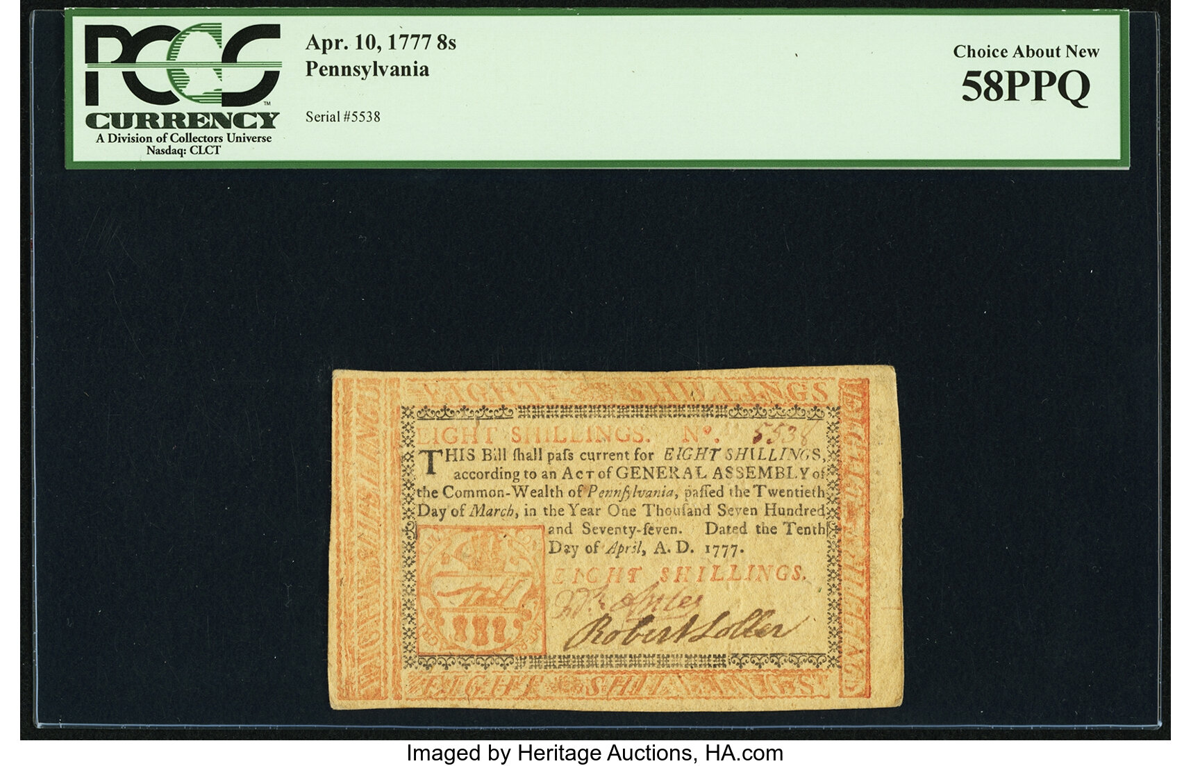 image for: Pennsylvania April 10, 1777 8 Shillings Red and Black Fr. PA-219b PCGS Choice About New 58PPQ....