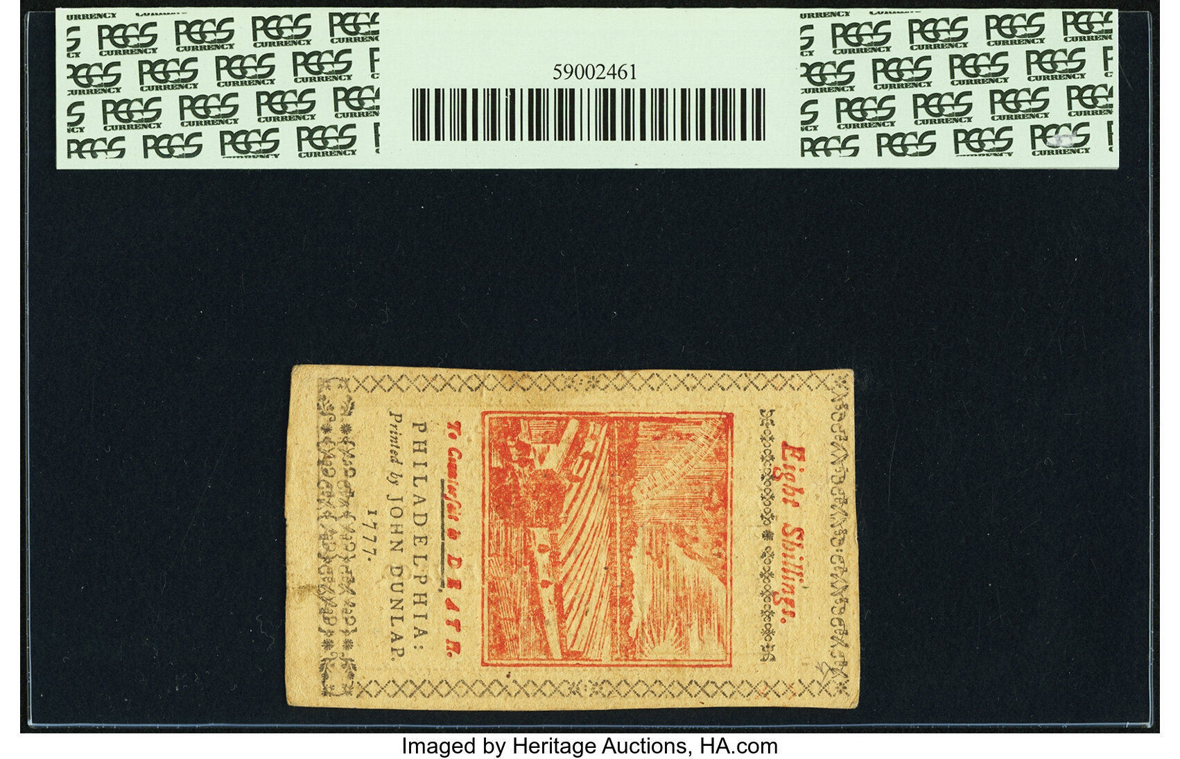 image for: Pennsylvania April 10, 1777 8 Shillings Red and Black Fr. PA-219b PCGS Choice About New 58PPQ....