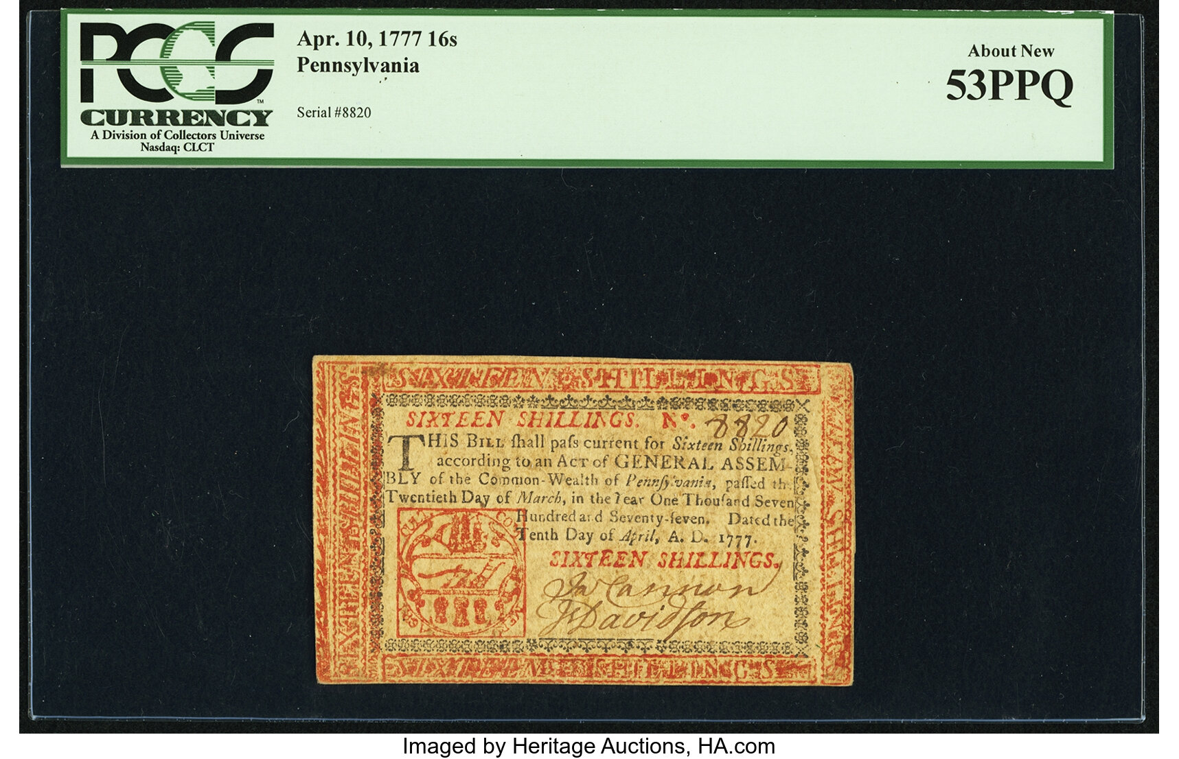 image for: Pennsylvania April 10, 1777 16 Shillings Red and Black Fr. PA-221b PCGS About New 53PPQ....