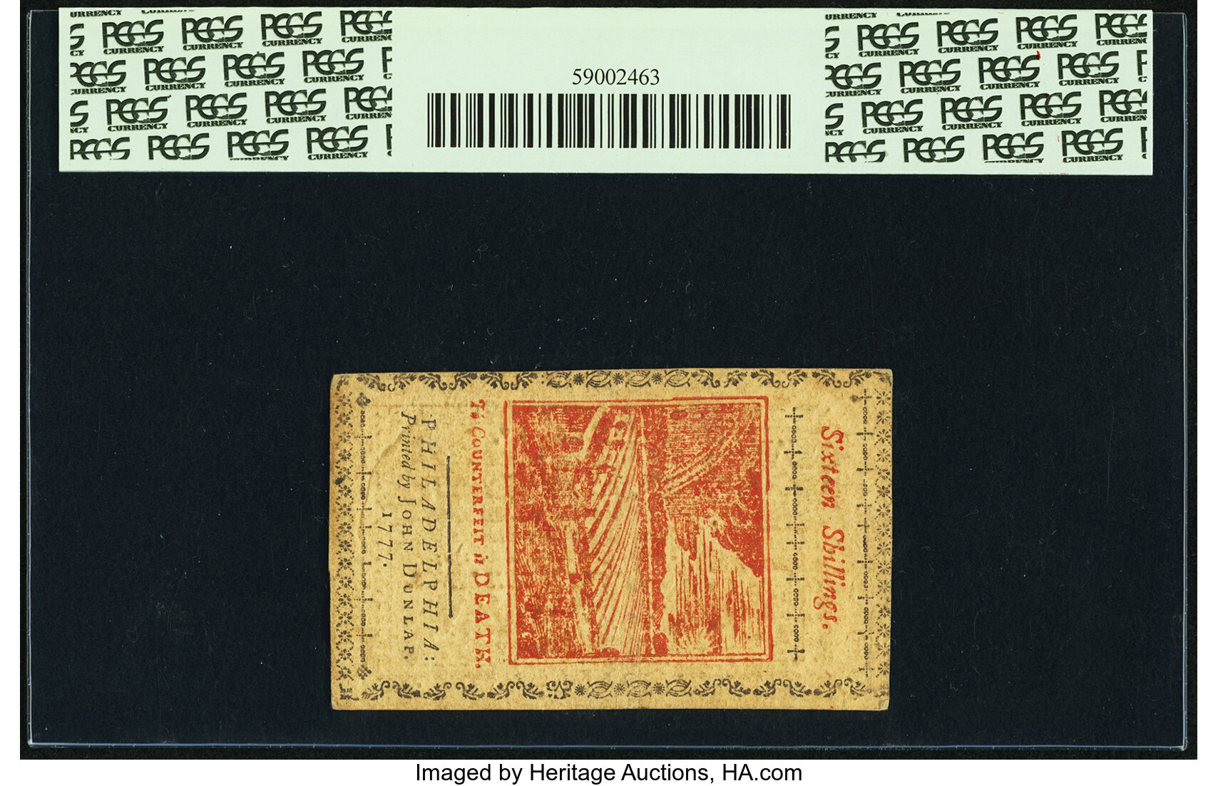 image for: Pennsylvania April 10, 1777 16 Shillings Red and Black Fr. PA-221b PCGS About New 53PPQ....