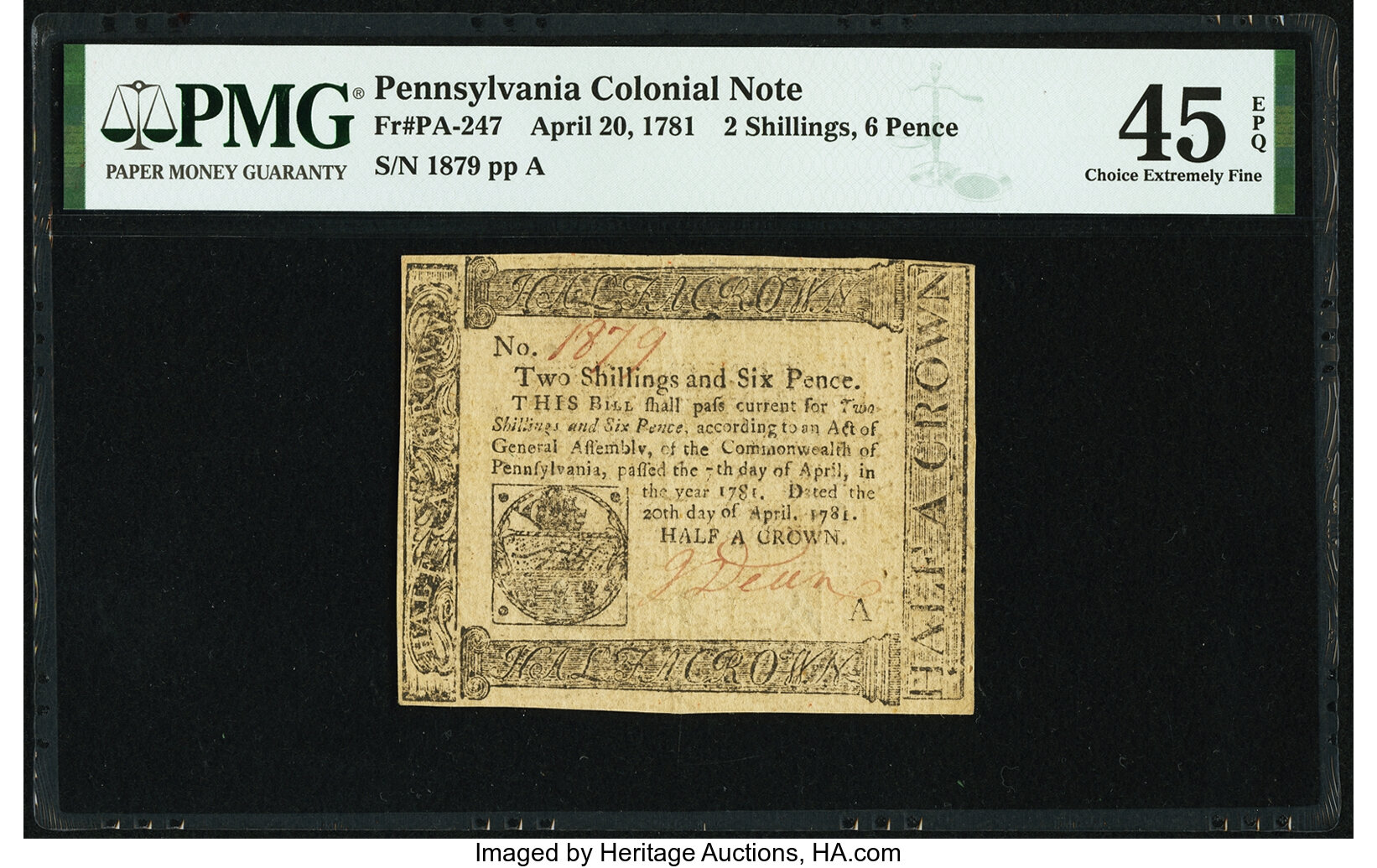 image for: Pennsylvania April 20, 1781 2s 6d PMG Choice Extremely Fine 45 EPQ....