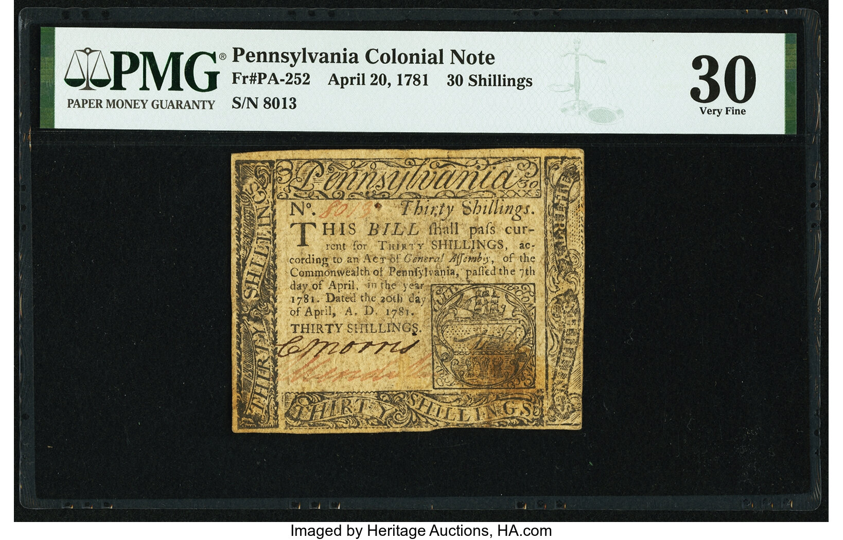 image for: Pennsylvania April 20, 1781 30 Shillings Fr. PA-252 PMG Very Fine 30....