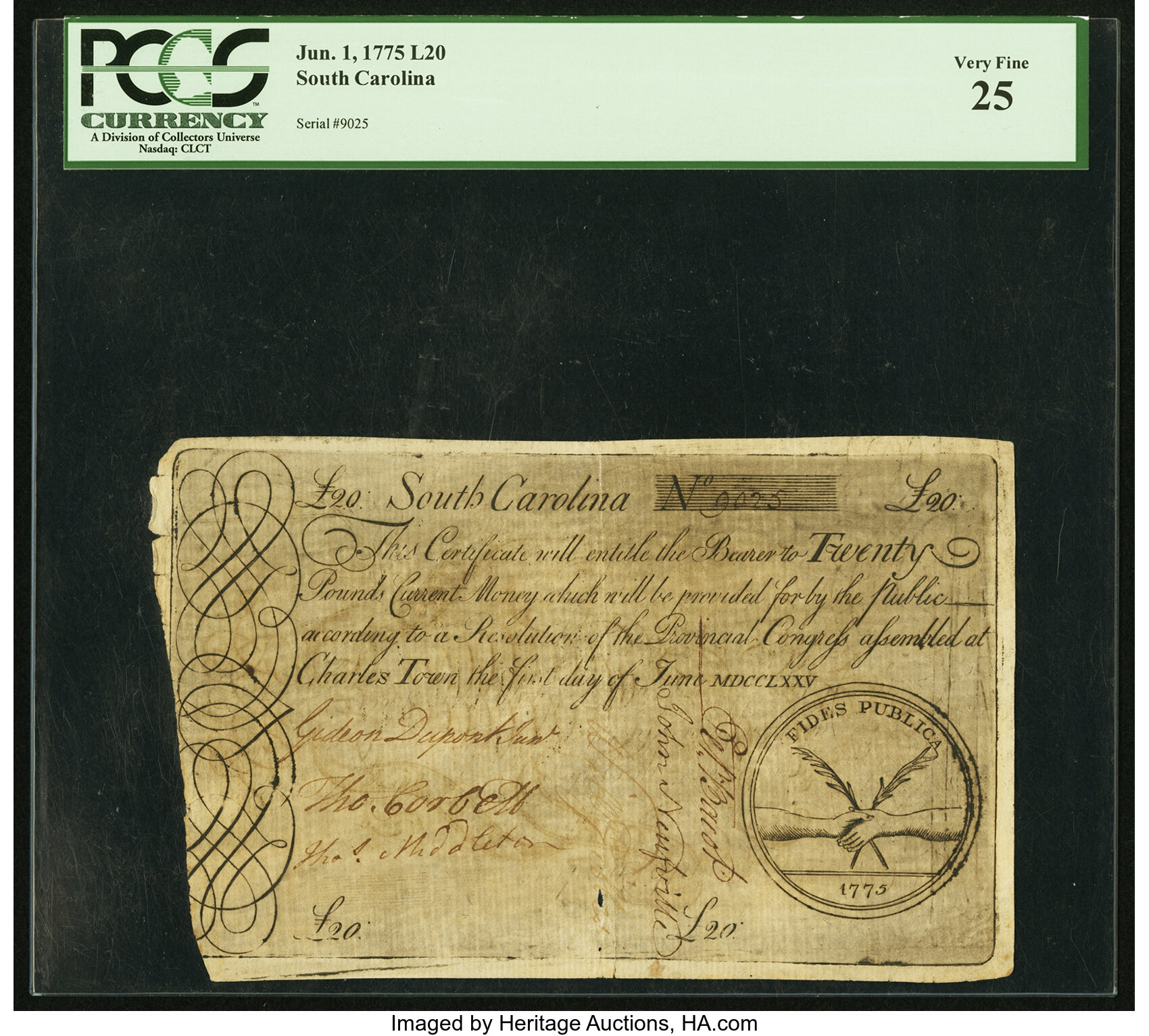 image for: South Carolina June 1, 1775 20 Pounds Fr. SC-100 PCGS Very Fine 25....