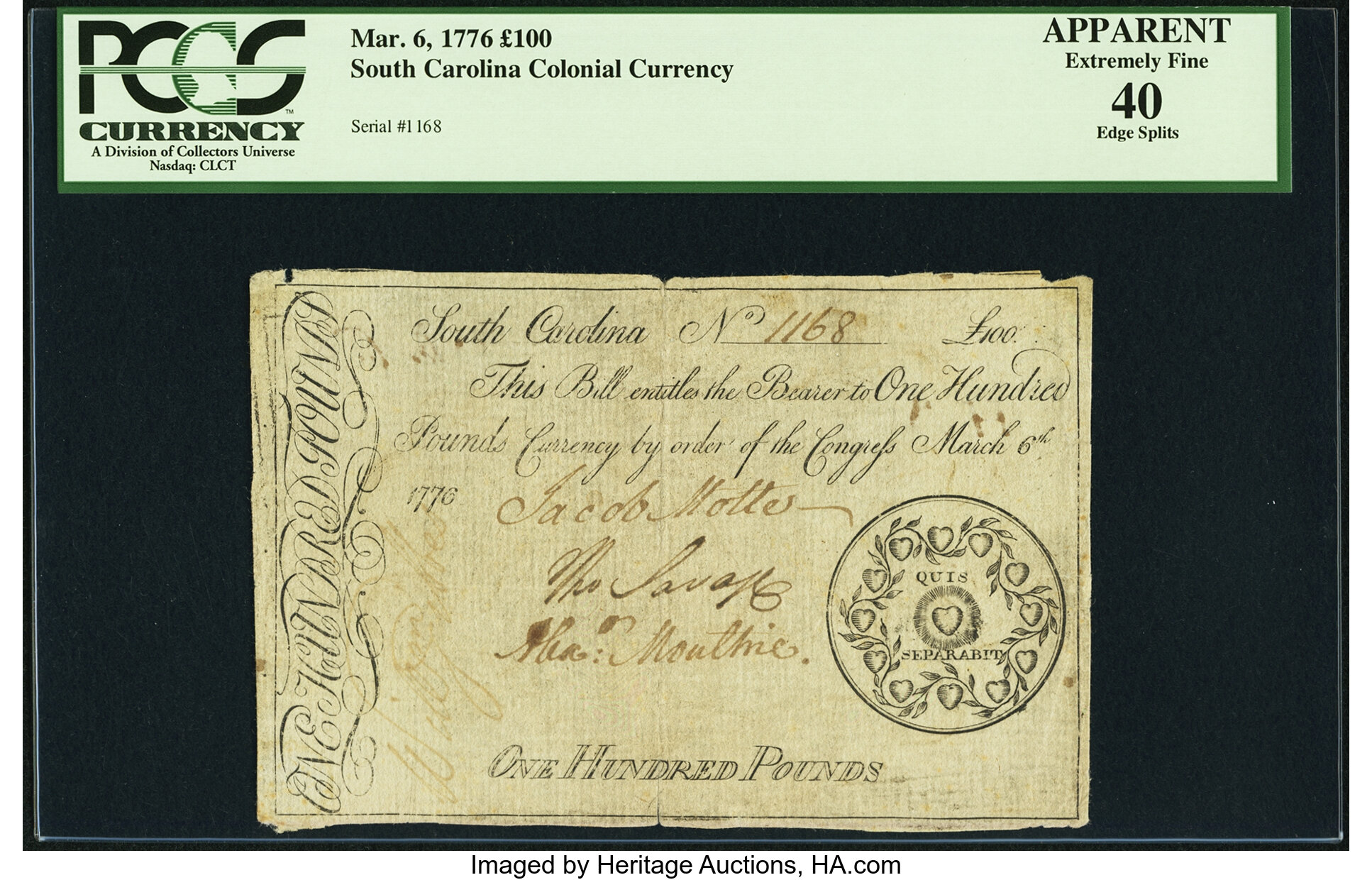 image for: South Carolina March 6, 1776 100 Pounds Fr. SC-128 PCGS Apparent Extremely Fine 40....