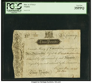 image for: Virginia March 4, 1773 3 Pounds Ashby Note Fr. VA-69 PCGS Very Fine 35PPQ....