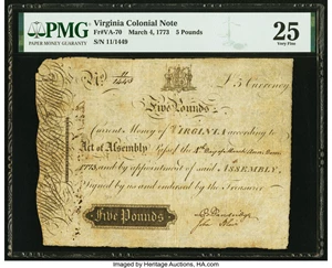 image for: Virginia March 4, 1773 5 Pounds Ashby Note Fr. VA-70 PMG Very Fine 25....