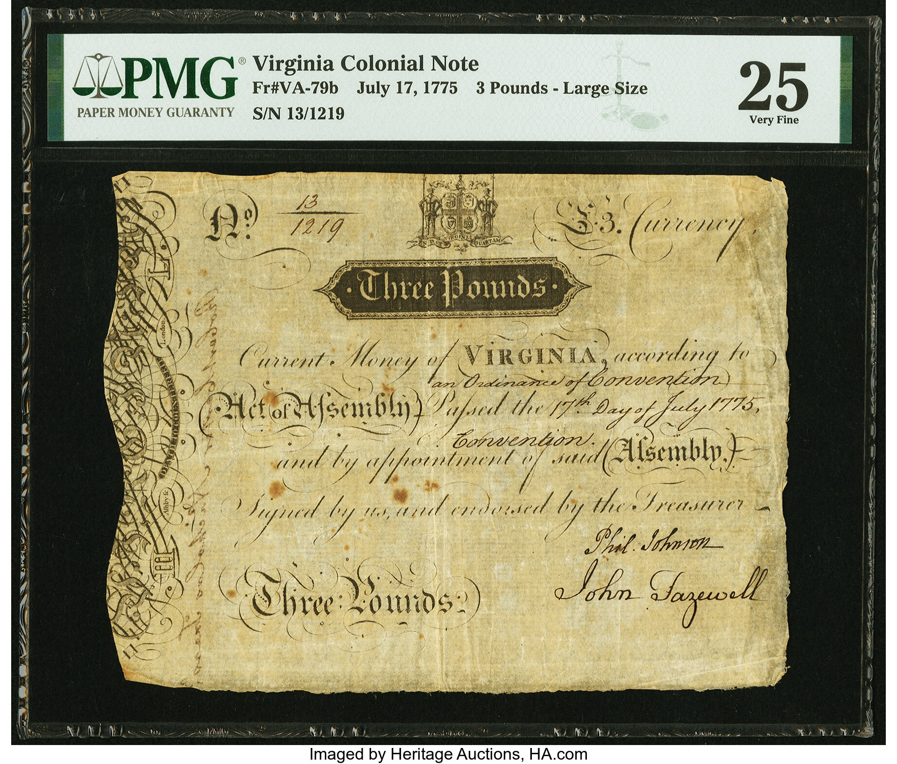 image for: Virginia July 17, 1775 3 Pounds Ashby Note Fr. VA-79b PMG Very Fine 25....