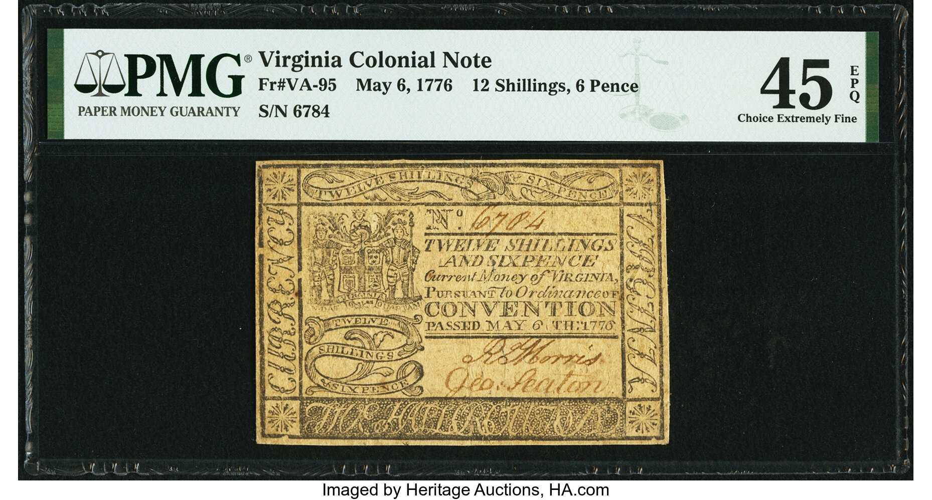 image for: Virginia May 6, 1776 12 Shillings 6 Pence Fr. VA-95 PMG Choice Extremely Fine 45 EPQ....