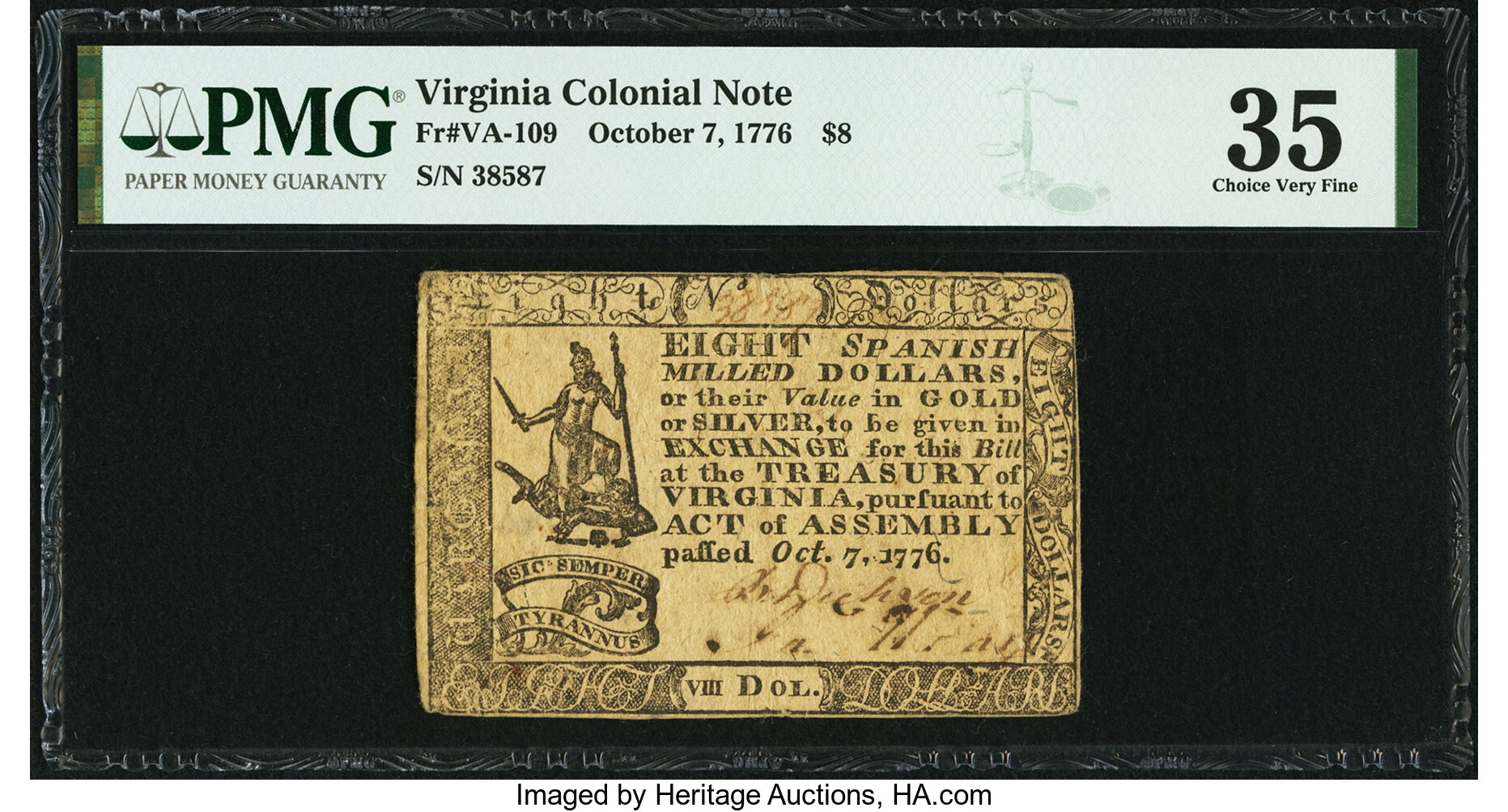 image for: Virginia October 7, 1776 $8 Fr. VA-109 PMG Choice Very Fine 35....