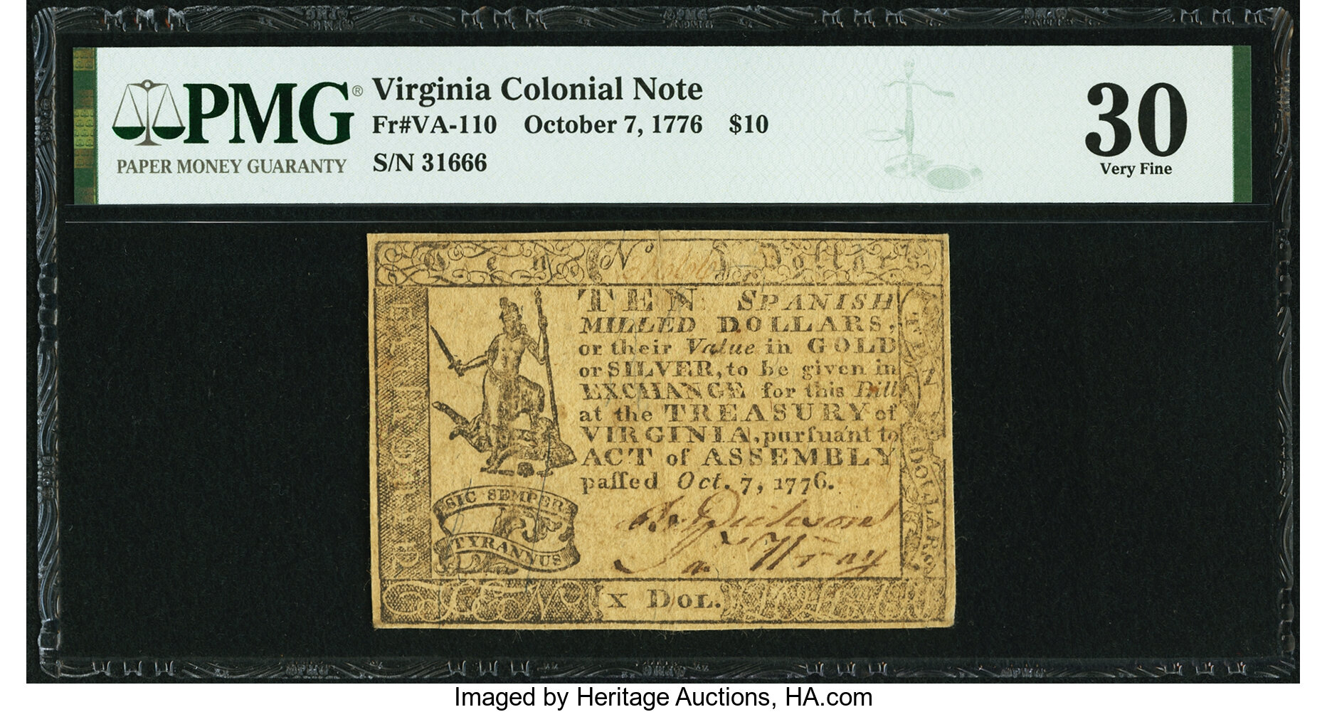 image for: Virginia October 7, 1776 $10 Fr. VA-110 PMG Very Fine 30....