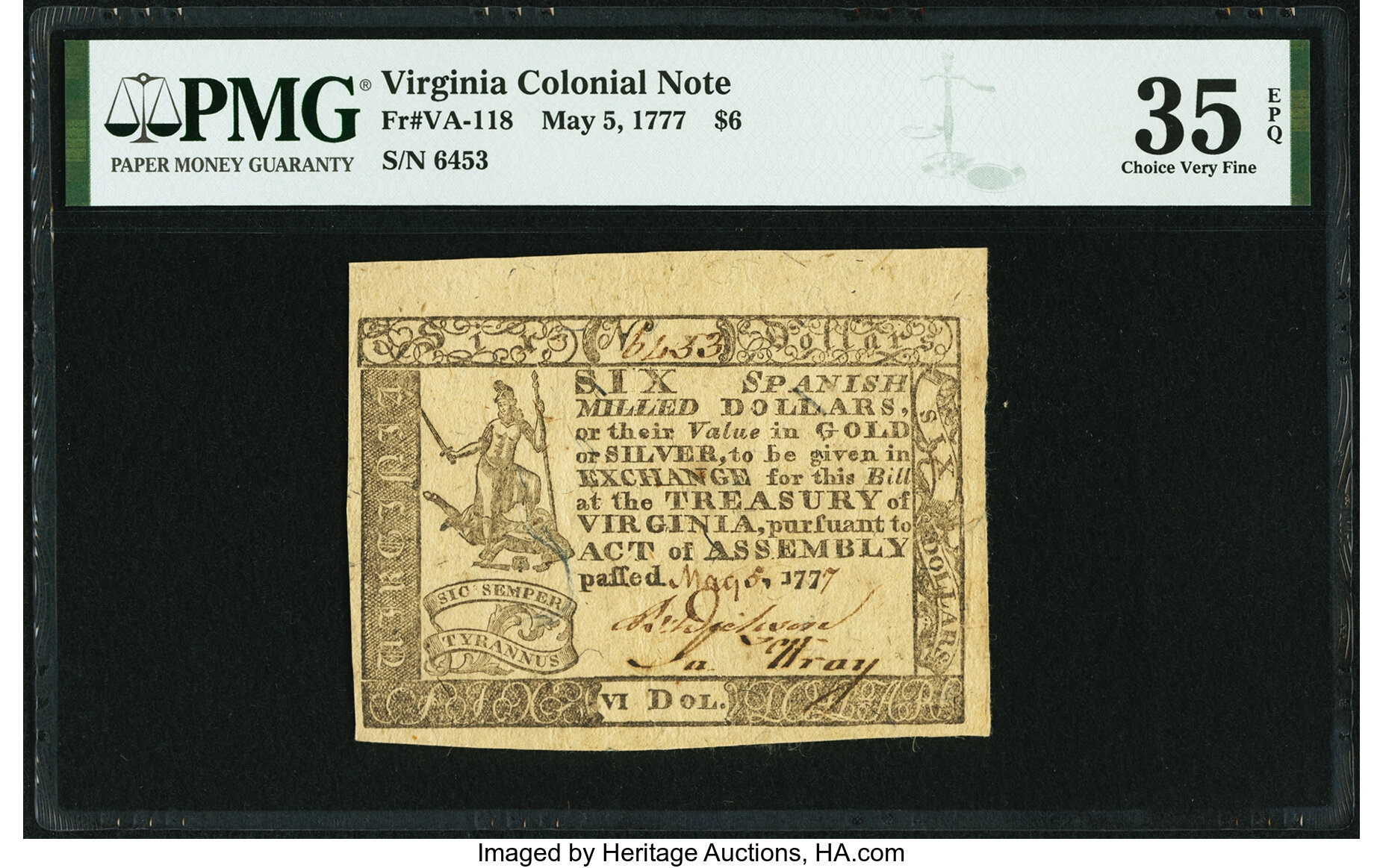 image for: Virginia May 5, 1777 $6 Fr. VA-118 PMG Choice Very Fine 35 EPQ....