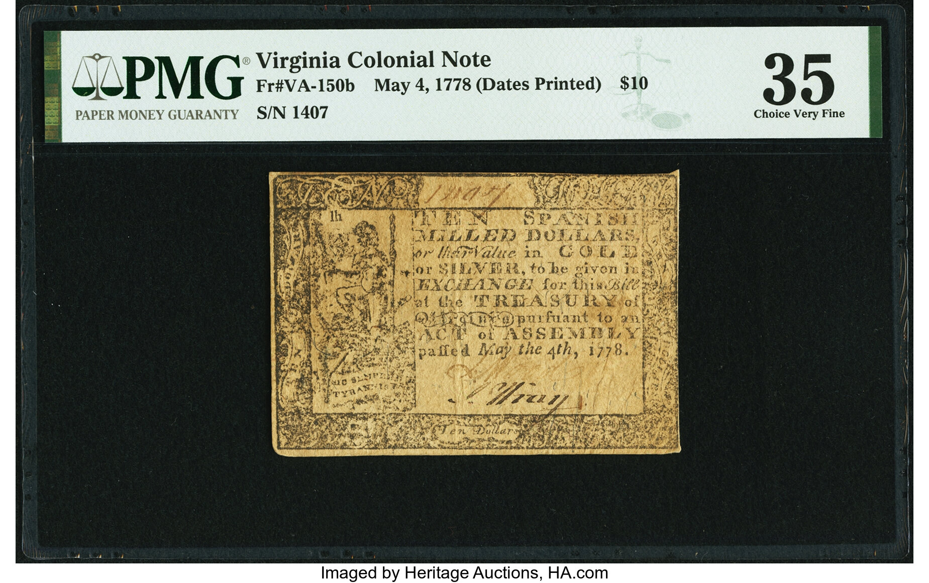 image for: Virginia May 4, 1778 Printed Date $10 Thick Paper Fr. VA-150b PMG Choice Very Fine 35....