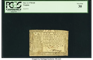 image for: Virginia October 5, 1778 $10 Fr. VA-160 PCGS Very Fine 30....