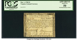 image for: Virginia May 1, 1780 $3 Fr. VA-173 PCGS Apparent About New 50....