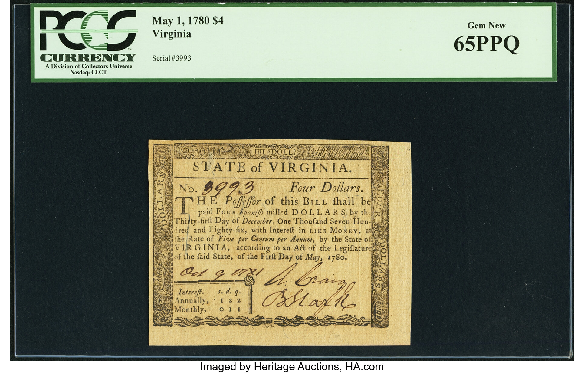 image for: Virginia May 1, 1780 $4 Fr. VA-174 PCGS Gem New 65PPQ....