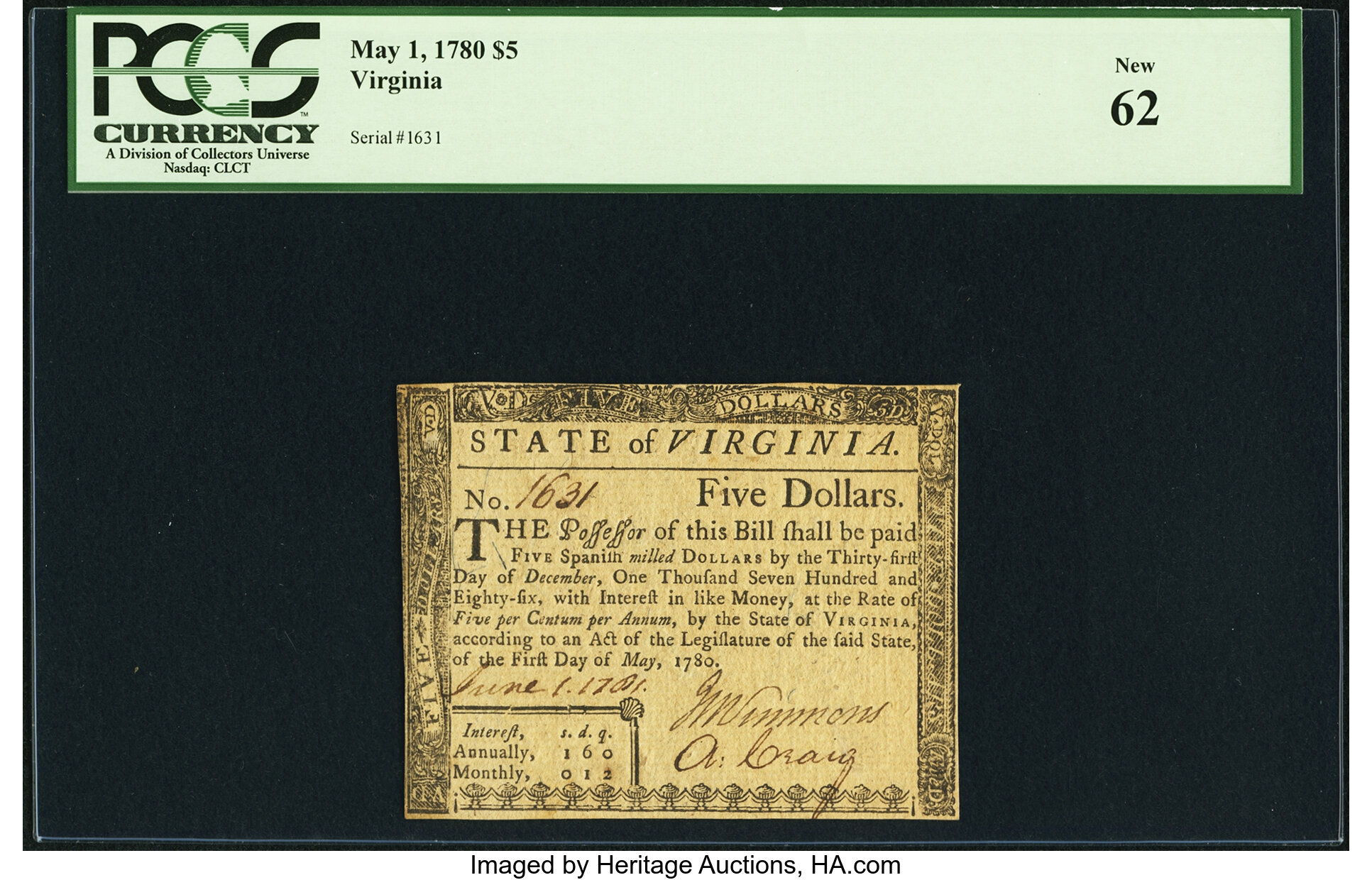image for: Virginia May 1, 1780 $5 Fr. VA-175 PCGS New 62....
