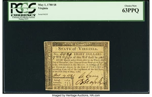 image for: Virginia May 1, 1780 $8 Fr. VA-177 PCGS Choice New 63PPQ....