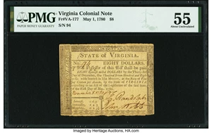 image for: Virginia May 1, 1780 $8 Fr. VA-177 PMG About Uncirculated 55....