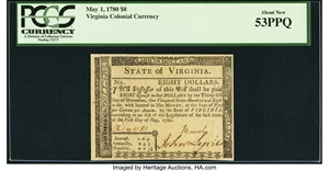 image for: Virginia May 1, 1780 $8 Fr. VA-177 PCGS About New 53PPQ....