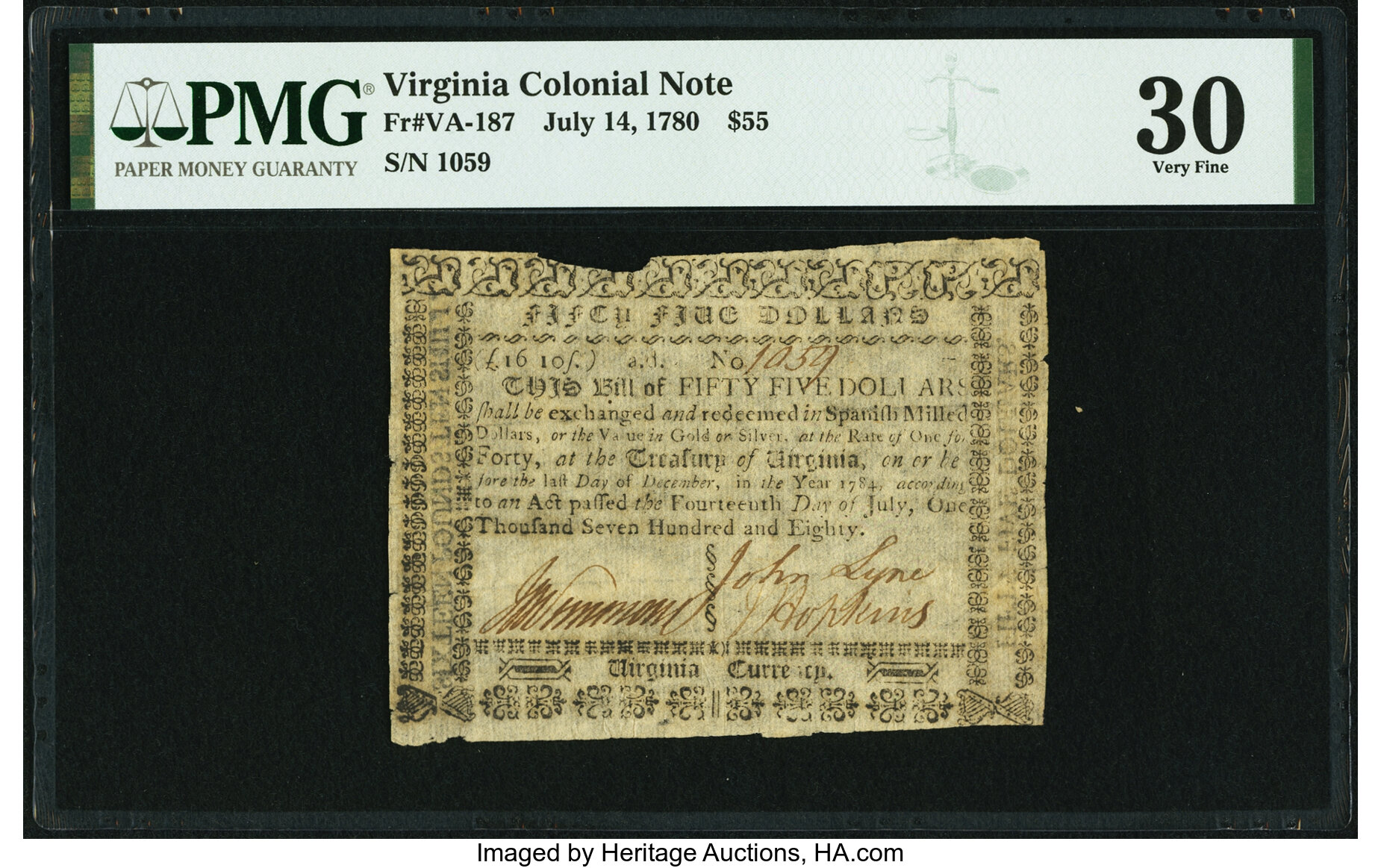 image for: Virginia July 14, 1780 $55 Fr. VA-187 PMG Very Fine 30....