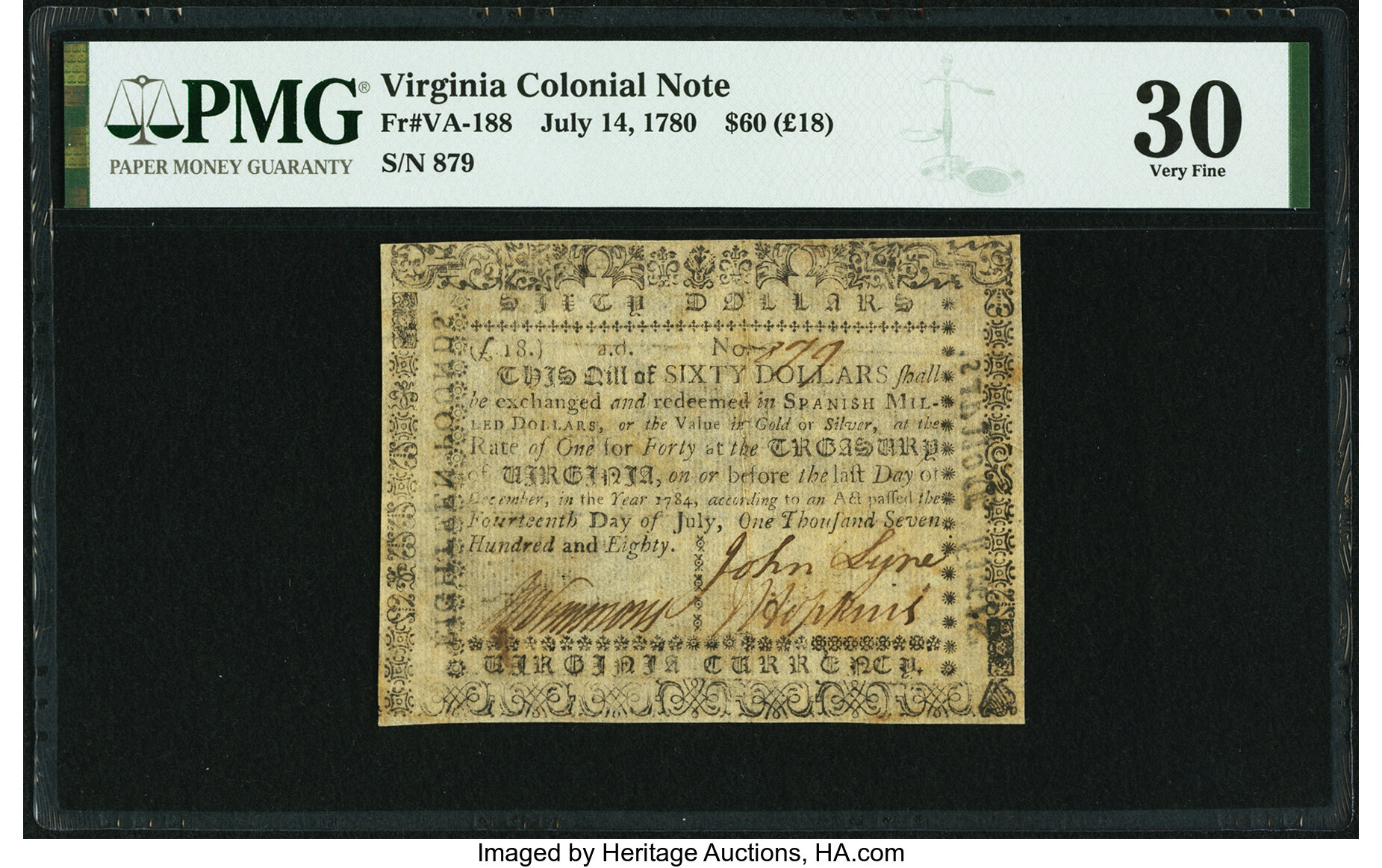 image for: Virginia July 14, 1780 $60 Fr. VA-188 PMG Very Fine 30....