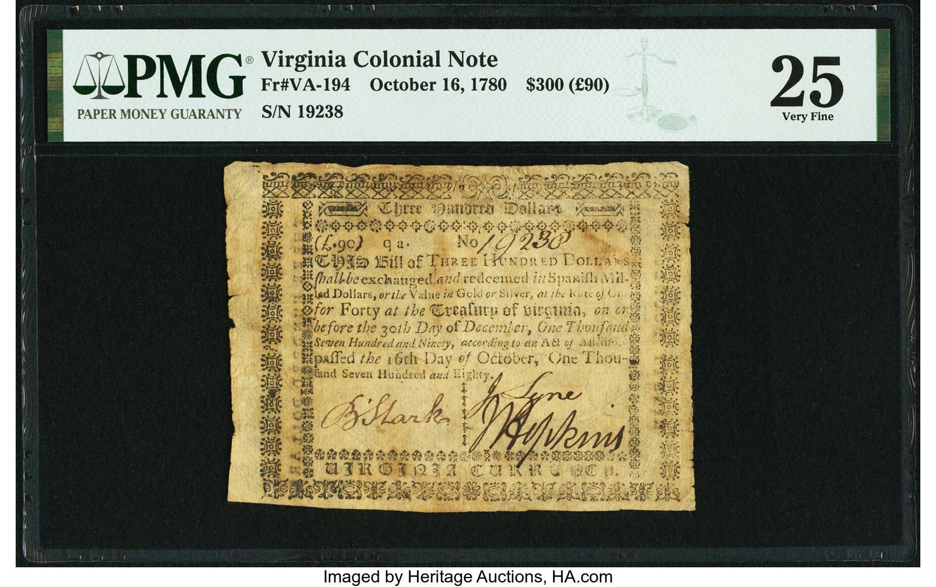 image for: Virginia October 16, 1780 $300 Printed Back Fr. VA-194 PMG Very Fine 25....