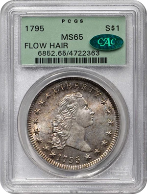 image for: 1795 Flowing Hair Silver Dollar. BB-14, B-4. Rarity-3. Two Leaves. MS-65 (PCGS). CAC. OGH.