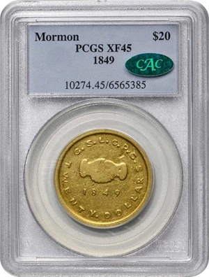 image for: 1849 Mormon $20. K-4. Rarity-6. EF-45 (PCGS). CAC.