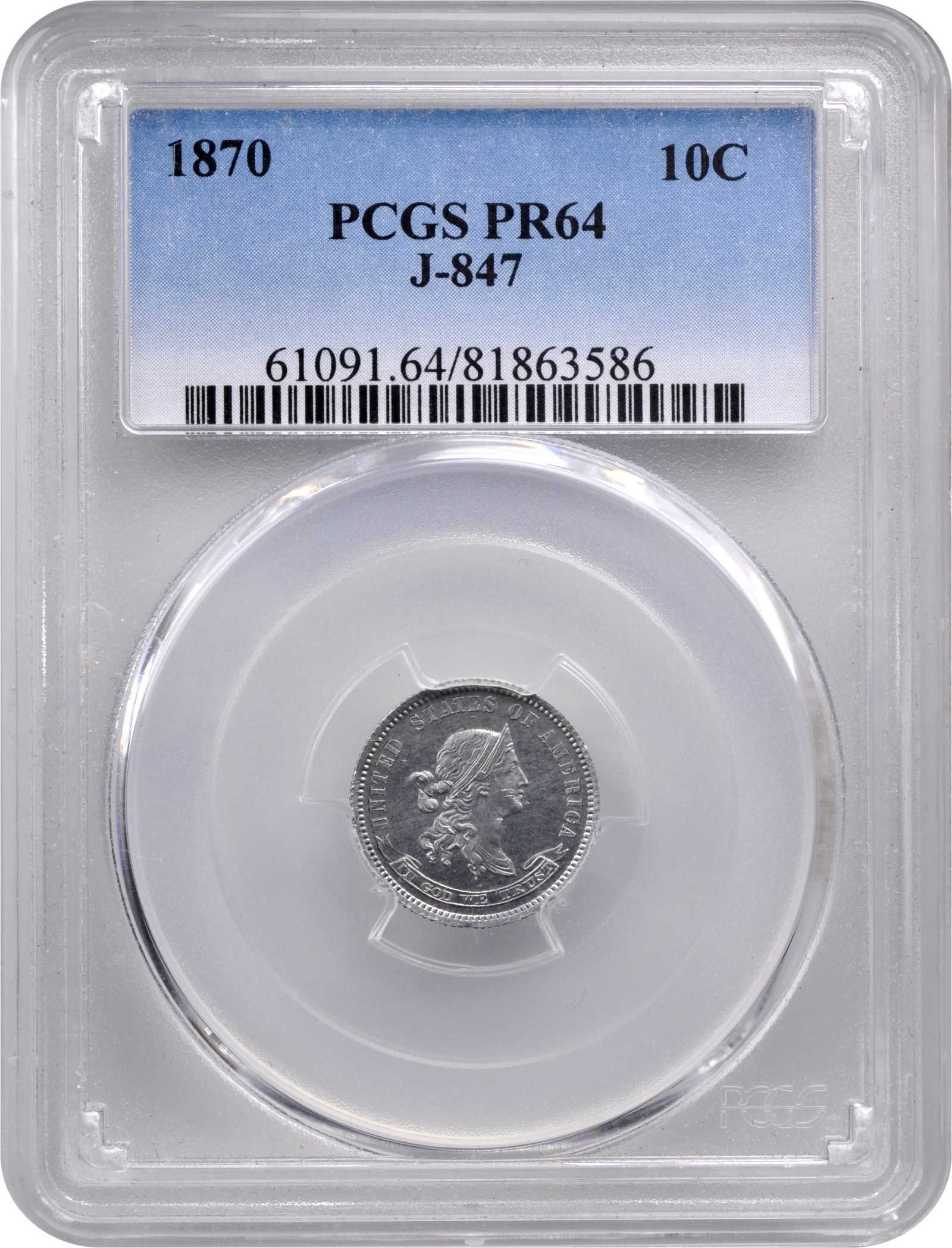 image for: 1870 Pattern Dime. Judd-847, Pollock-947. Rarity-7+. Aluminum. Reeded Edge. Proof-64 (PCGS).