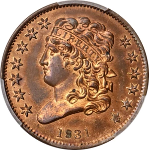 image for: 1831 Classic Head Half Cent. First Restrike. B-2. Rarity-5. Large Berries, Reverse of 1836. Proof-65 RB (PCGS). CAC.