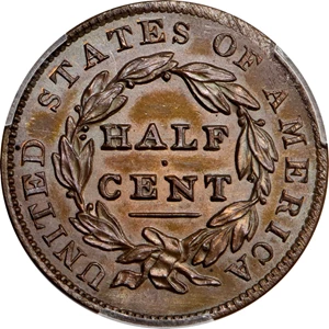 image for: 1831 Classic Head Half Cent. First Restrike. B-2. Rarity-5. Large Berries, Reverse of 1836. Proof-65 RB (PCGS). CAC.