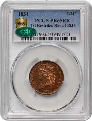 image for: 1831 Classic Head Half Cent. First Restrike. B-2. Rarity-5. Large Berries, Reverse of 1836. Proof-65 RB (PCGS). CAC.