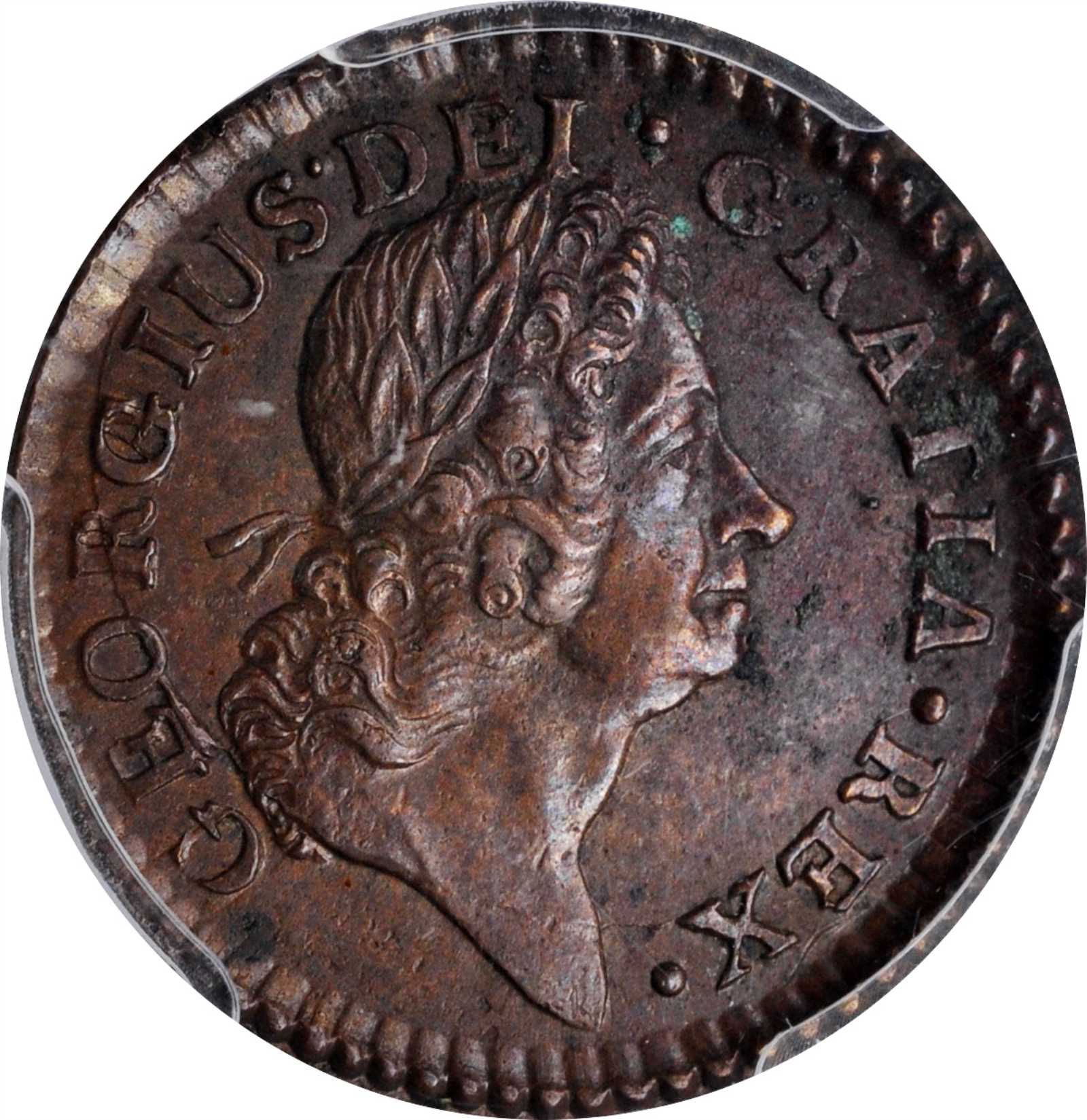 1723 Wood's Hibernia Farthing. Martin 3.5-Bc.6, W-12530. Rarity-5. DEI. GRATIA. REX. G/A in GEORGIUS. AU-53 (PCGS).