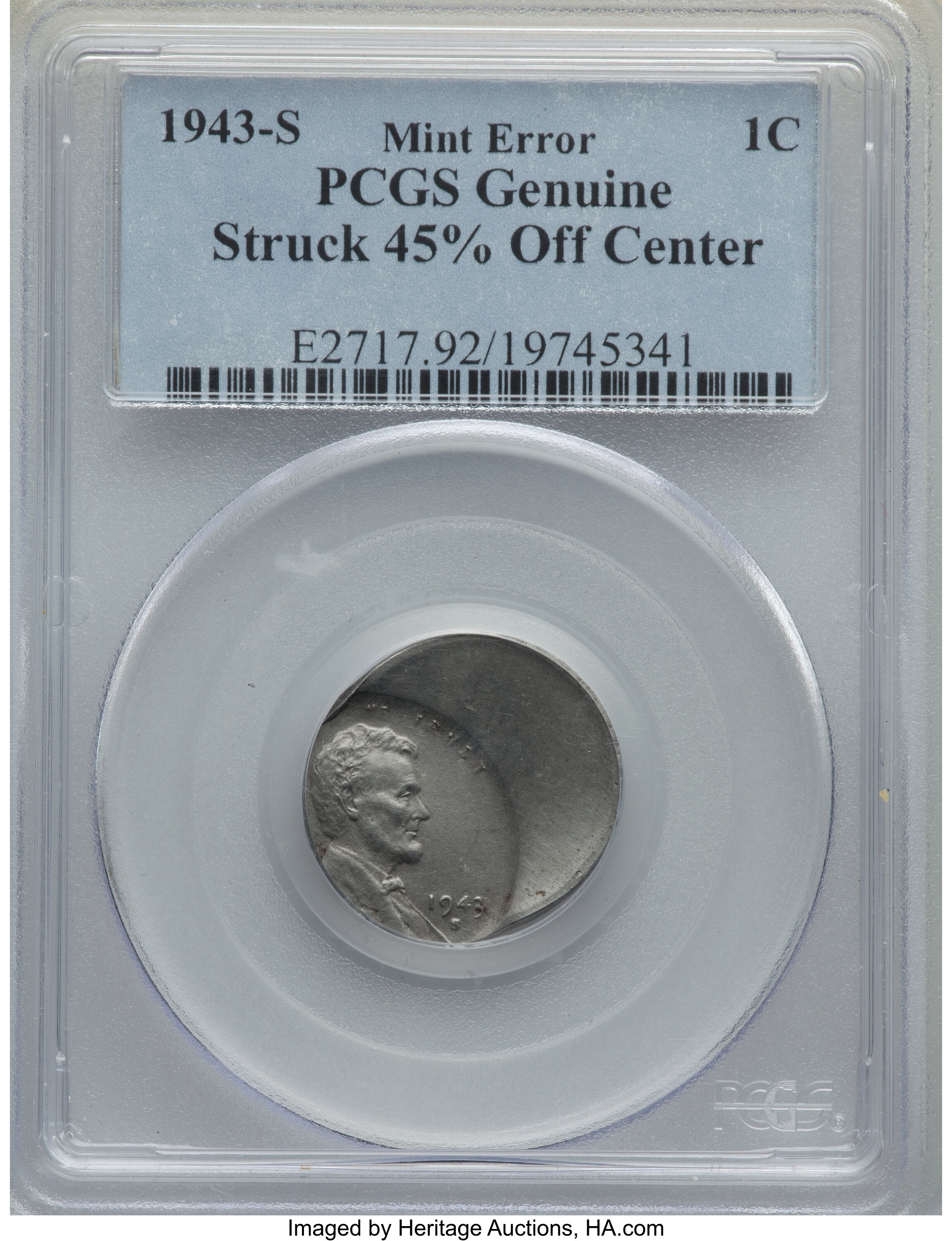 1943-S 1C Lincoln Cent -- Struck 45% Off Center, Cleaned -- PCGS Genuine. ...