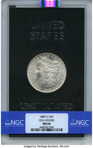 image for: 1885-O $1 GSA MS66 NGC. NGC Census: (0/0). PCGS Population: (0/0). MS66. Mintage 9,185,000. ...