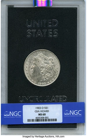 image for: 1903-O $1 GSA Hoard MS60 NGC. NGC Census: (2/51). PCGS Population: (0/4). CDN: $1,000 Whsle. Bid for NGC/PCGS MS60. Mintage...