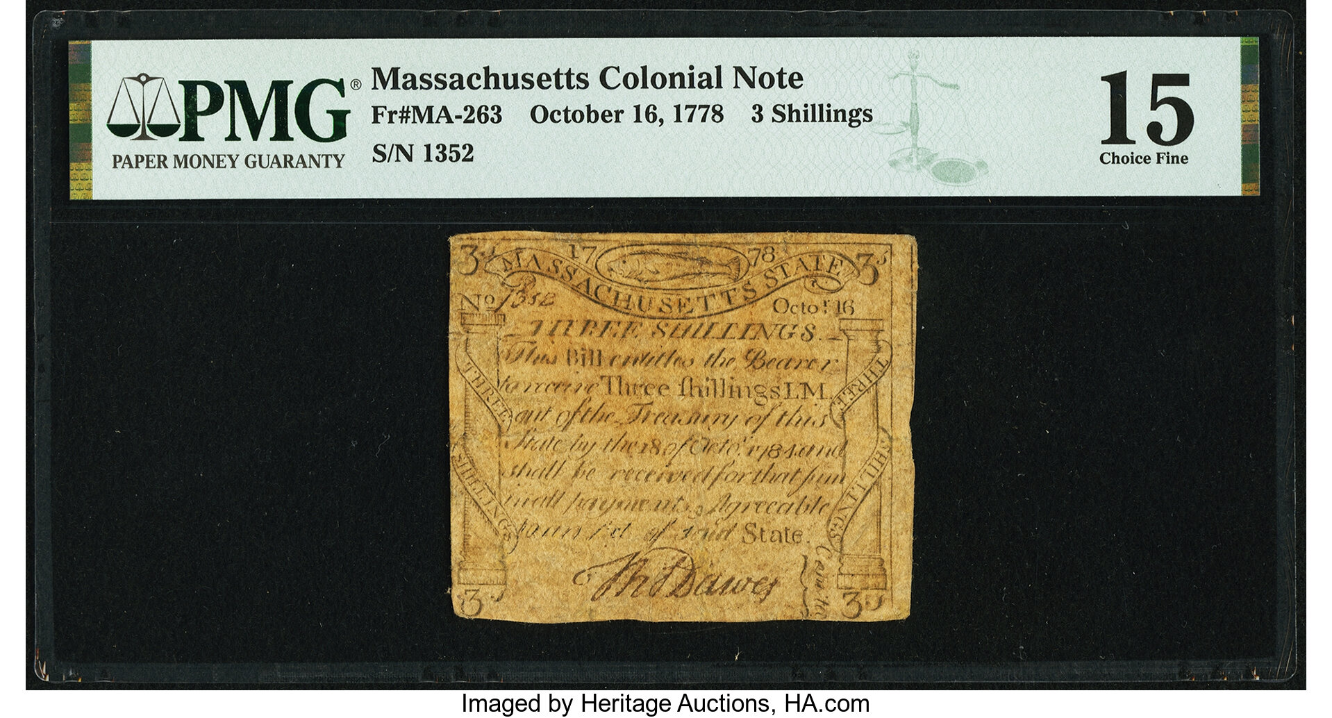 image for: Massachusetts October 16, 1778 3s PMG Choice Fine 15....