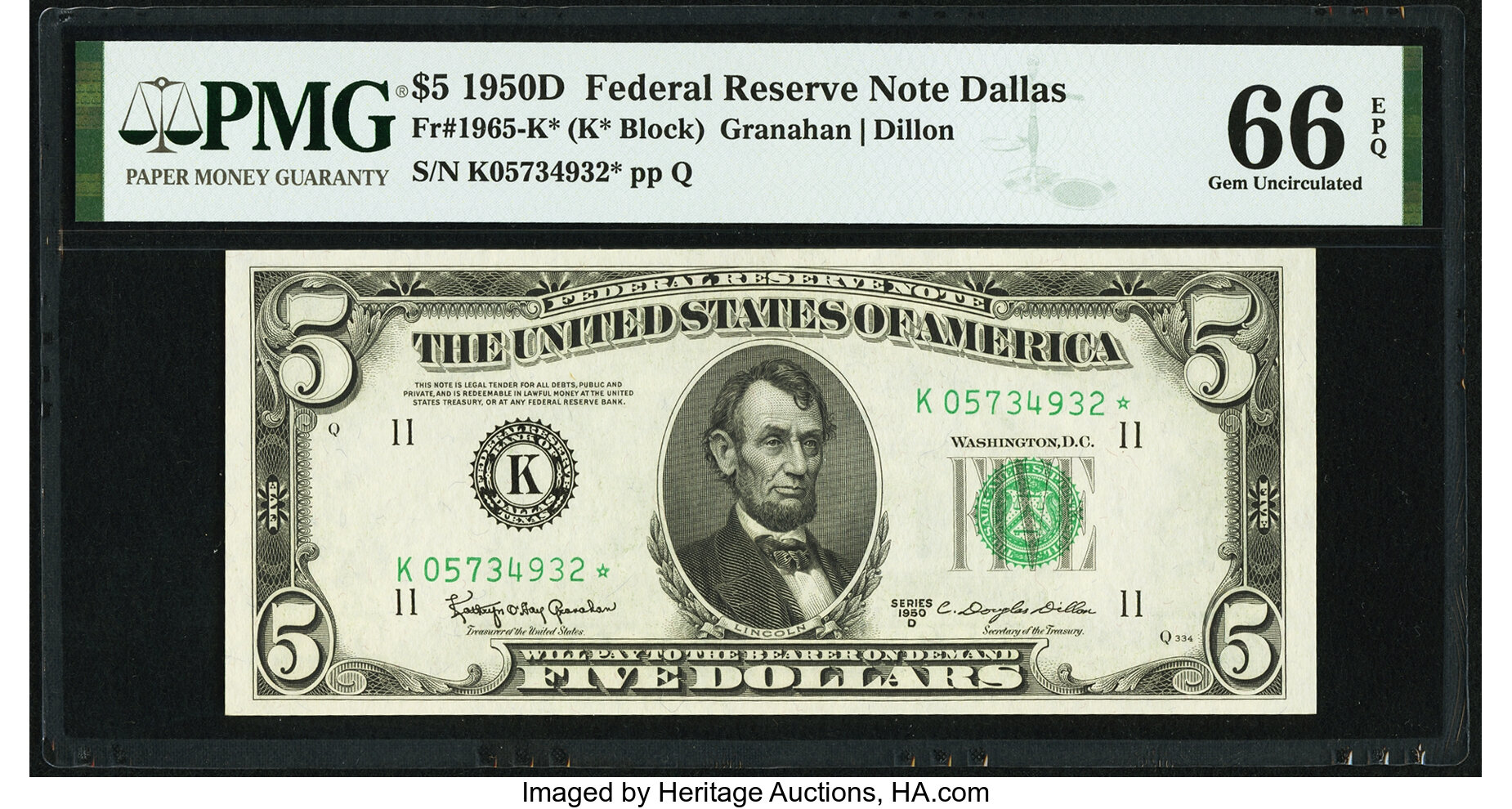 image for: Fr. 1965-K* $5 1950D Federal Reserve Note. PMG Gem Uncirculated 66 EPQ....