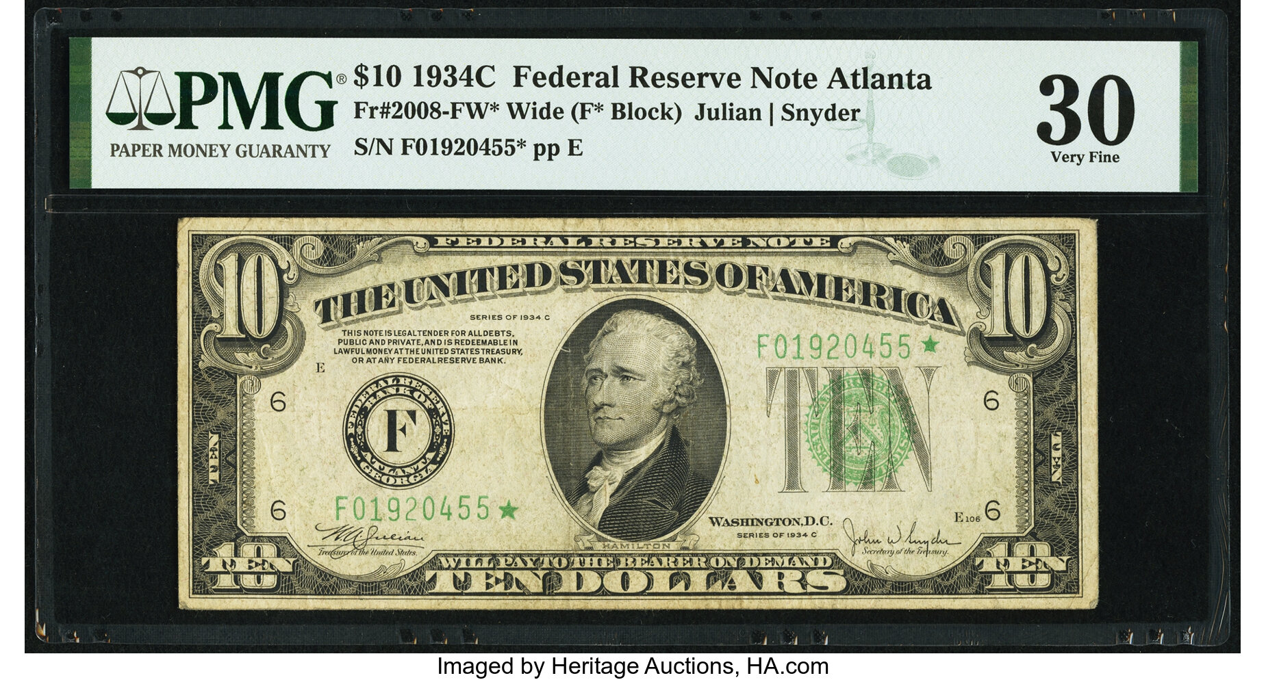 image for: Fr. 2008-F* $10 1934C Wide Federal Reserve Note. PMG Very Fine 30....