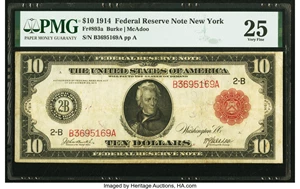 image for: Fr. 893a $10 1914 Red Seal Federal Reserve Note PMG Very Fine 25....