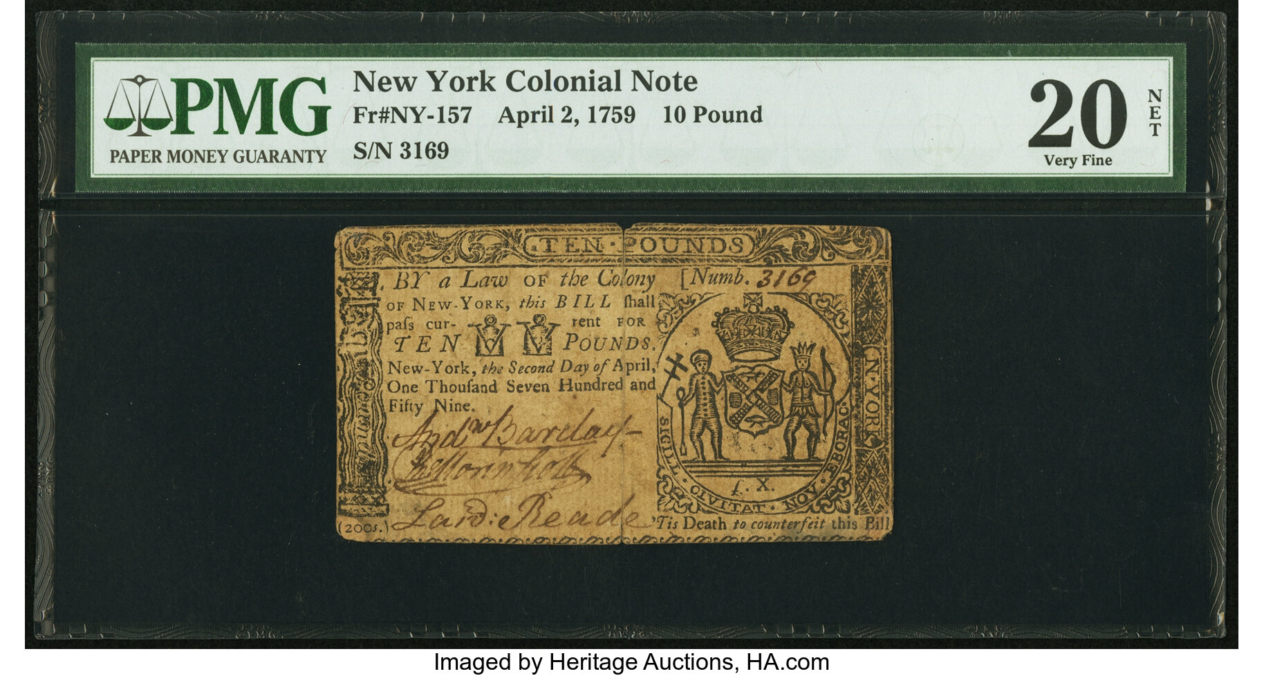 image for: New York April 2, 1759 £10 PMG Very Fine 20 Net....