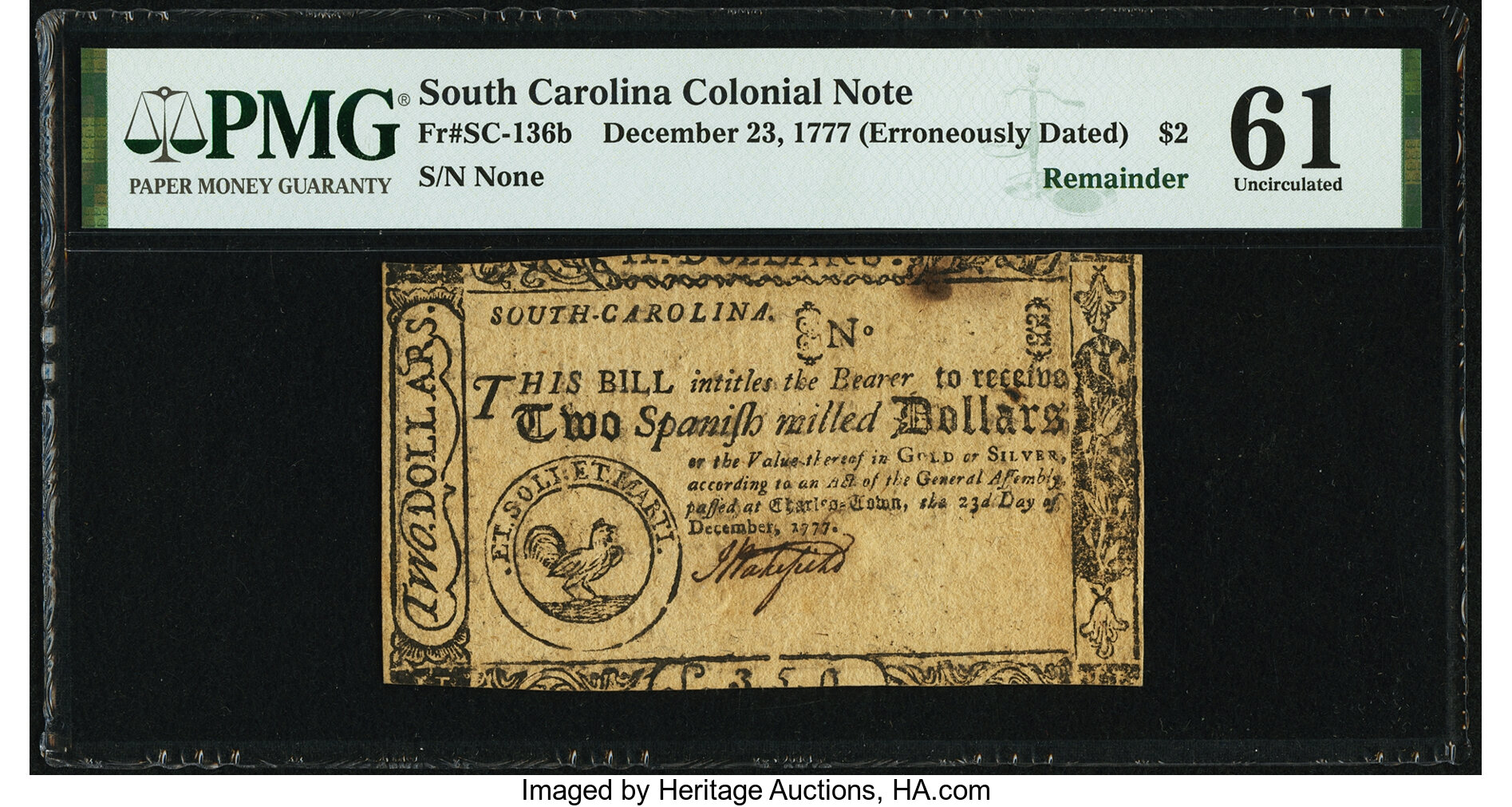 image for: South Carolina December 23, 1777 (erroneously dated) $2 Remainder PMG Uncirculated 61....