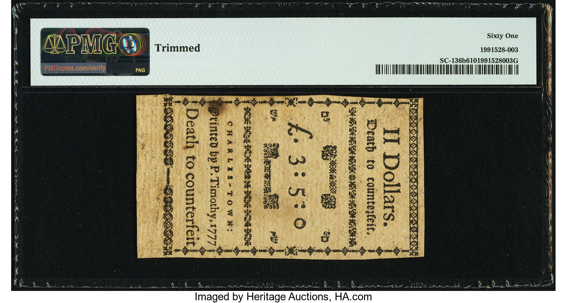 image for: South Carolina December 23, 1777 (erroneously dated) $2 Remainder PMG Uncirculated 61....