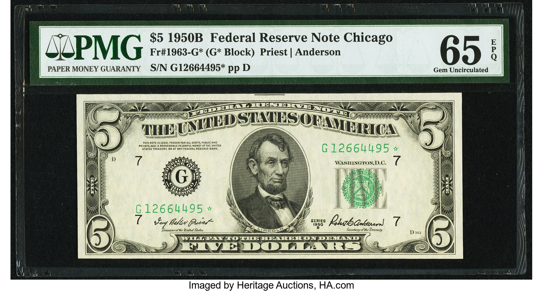 image for: Fr. 1963-G* $5 1950B Federal Reserve Note. PMG Gem Uncirculated 65 EPQ....
