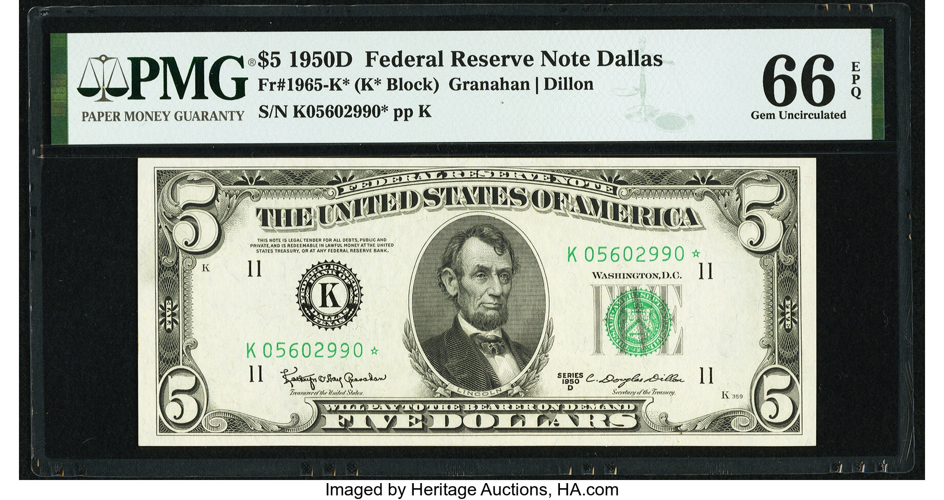 image for: Fr. 1965-K* $5 1950D Federal Reserve Note. PMG Gem Uncirculated 66 EPQ....