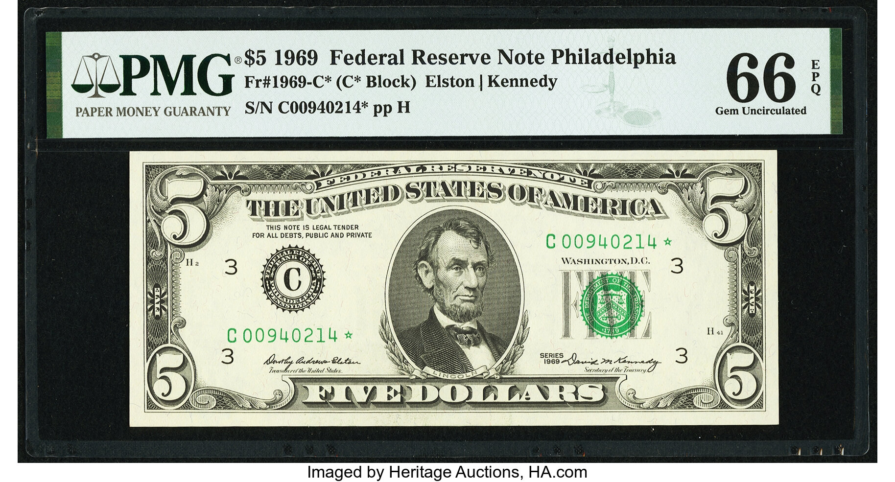 image for: Fr. 1969-C* $5 1969 Federal Reserve Note. PMG Gem Uncirculated 66 EPQ....