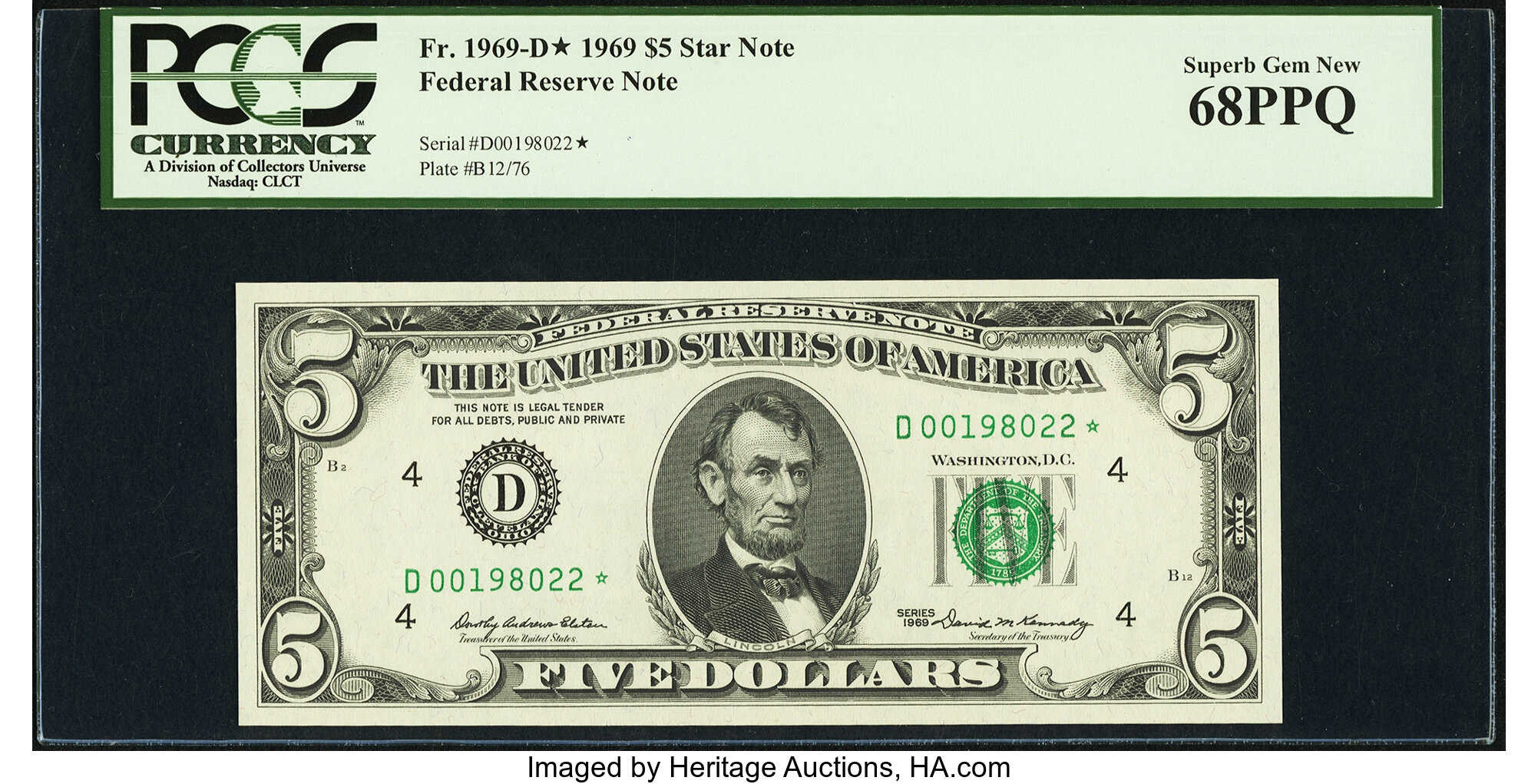 image for: Fr. 1969-D* $5 1969 Federal Reserve Note. PCGS Superb Gem New 68PPQ....