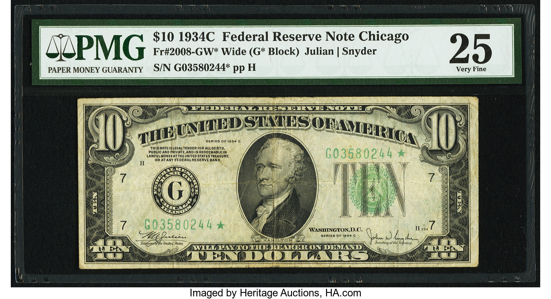 image for: Fr. 2008-G* $10 1934C Wide Federal Reserve Note. PMG Very Fine 25....